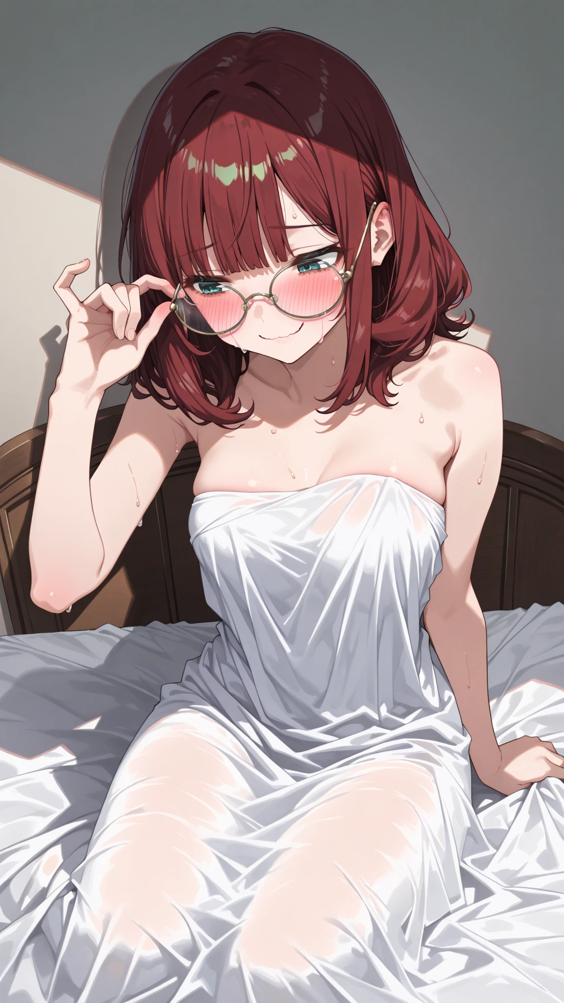 ultradetail、particles of light:0.5、slender、small breasts、Red Frame Glasses、beautiful blue eye、humiliated face、cleavage、white blouse、face with tongue out、lie in bed