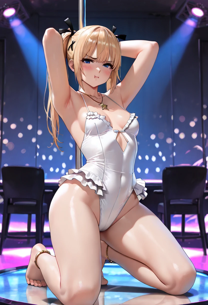 k-pop idol, blonde hair, beautiful smile, during the show, holding a microphone, jacket, k-pop accessories, lingerie under the breasts, transparent wet panties, seen from behind