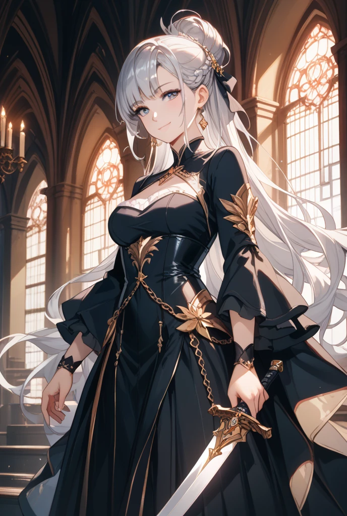 ((masterpiece)), ((best quality)), Princess, Human girl, Innocent girl, cute and shy girl, platinum hair, long hair, Blue eyes, glowing eyes, setting, lots of details and textures, royalty, steampunk, She is a princess, human,((wearing a dress Cute)), ((she looking at you), dynamic pose, looking at you. (Best quality, 4k, Masterpiece: 1.3, 8k, ultra-detailed, ultra-masterpiece), woman, ultra-detailed face, detailed lips, full lips, detailed eyes, double eyelid, wide hips, smooth skin, ((platinum hair), (Blue eyes), tall, looking shy, (looking at you), ((a beautiful woman))), ((has tattoos/marks of a black curse on her body, these marks resemble rose thorns)). ((royal setting, she is a princess)). ((she was born with a curse that causes her to have black marks on her body, which spread to every time she feels pain or strong emotions, these marks on her body look like rose thorns))((She has marks// tattoos only on her body and on the face)) ((her dress is completely white)) A royal girl, set in a castle. She is wearing a princess crown)), Scenery: people, employees around))