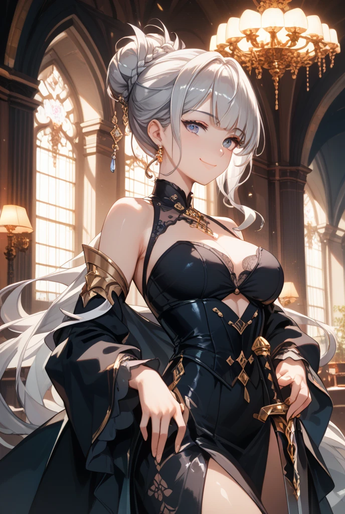 masterpiece, high quality, illustration, extremely detailed, cg unity 8k, 1_women, (upper body), sitting, sitting in throne, (Caucasian skin_complexion:1.4),mature, statuesque, tall, beautiful, exotic, , (shocked expression), hands in lap, ,  window, ((cleavage)), and , black ((diaphanous sparkling dress)) with gold trim, crown, black knee_high boots, ((white embroidery elbow gloves)), long white hair, realistic and detailed face having (yellow eyes), ((dark_eyeliner)), long_eyelashes), glass of wine, in luxurious theatre box,