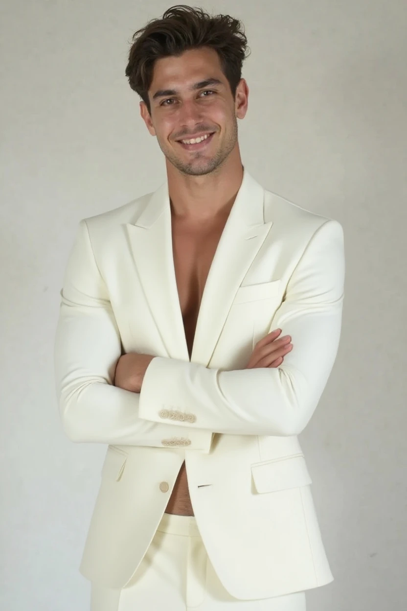 Roman todd is walking shirtless in a paded suit on a City Street. He got attention. He smile. He just wear the paded suit with no Shirt inside.