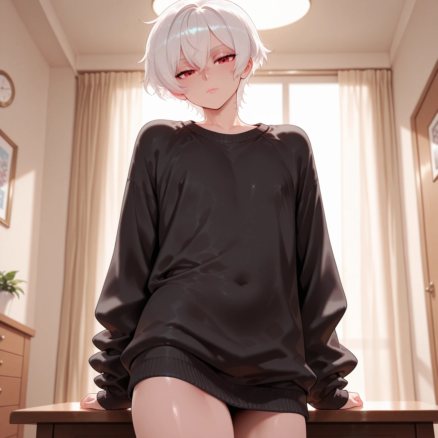 NSFW,(((perfect anatomy,realistic:1.4,RAW Photography:1.4,masterpiece、highest quality、Ultra - High resolution、High resolution、Highly detailed CG、8K))),cowboy shot,1 female,solo,25 year old beauty,Japanese,((beautiful detailed face and eyes:1.3,big gorgeous eyes:1.3,gray eyes)),white hair, inner color hair, short bob hair,blunt bangs,blush,(medium breasts,slender body,small head:1.3,skinny),(gleaming skin,shiny skin,sweat:1.4),(Wet crotch),(black shirt ,Bare legs),full open shirt ,((spread legs)),bottom less, show off pussy, no bra, lift up shirt ,(love juice),doctor