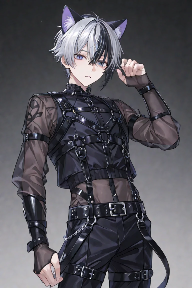 White-colored skin,White-colored skin,whaite hair,Black pupils,Pure black eyes,Silver-toned stud earrings,shoun,crosses,bandagens,There are bandages on the hands,short detailed hair,Handsome,Libido boy,Highest image quality,the night,the night,warn,male people,hooding,cargo pants,Martin boots,Black pick dye,Long sword,crosses,crosses,nighttime scene,Black cargo pants,Black pantsuit