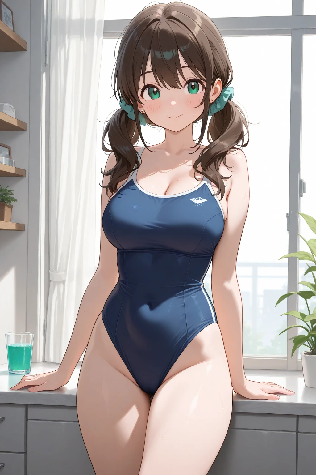 photo of a girl, wearing navy school one-piece swimsuit, low-legs, upper shot, perfect fingers, perfect hands, bare-legs, indoor, standing, serving coffee on the tray, welcome, (cafe:1.2), customer service, smile,