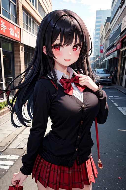 ((masterpiece, best quality, highres, UHD, perfect pixel, depth of field)), (smooth CG, photorealistic:1.1, realistic texture, detailed face), Rio, 1girl, large breasts, seductive, busty, smile, black hair, long hair, blunt bangs, (red eyes, beautiful pupils), (school uniform, cardigan, red bowtie, plaid skirt, tight skirt, miniskirt,black jacket, open jacket), street view, dynamic pose, from below, pov, look at viewer, blushing, sitting, (wide tights)