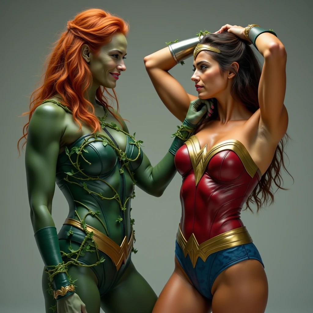 Part of a crowd of alien women, all the women
are very thin and have varying shades of green skin but otherwise look like humans, very long auburn hair, beautiful faces, all wear red bikini only, pictured from slightly above head height, the women are talking to one another and gesticulating, thin, gorgeous, green skin, human-like faces, standing looking and talking with one another. Background: alien planet with a deep orange sky, ample light.