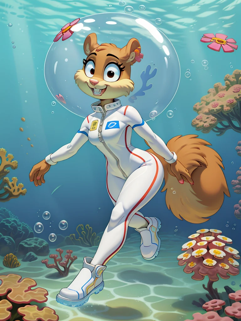 (<lora:sandy-10:1> sandy cheeks, furry girl, squirrel ears, squirrel tail, dot eyes, buck teeth, animal nose, pink flower, purple bikini, small skirt, smiling, diving helmet)