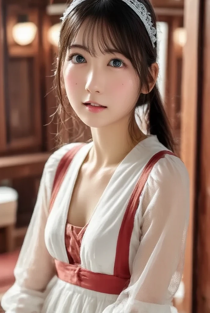1girl, solo, white hanfu, at the wooden window, looking down, ancient chinese architecture, large breast out, (photorealistic:1.4), official art, unity 8k wallpaper, ultra detailed, beautiful and aesthetic, masterpiece,best quality, (dynamic angle:1.4), glowing skin, (floating colorful sparkles:1) the most beautiful form of chaos, elegant, a brutalist designed, vivid colours, romanticism 