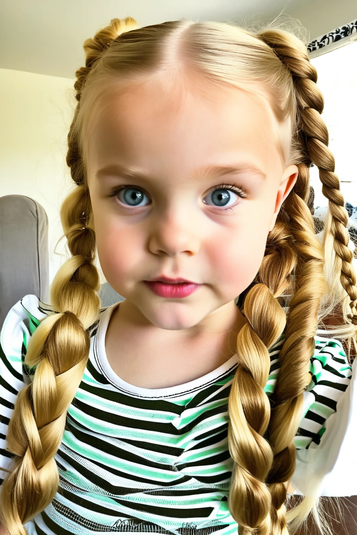 10 years old girl, golden eyes, platinum hair girl BLACK WITH BRAIDS, pearl brooch in hair, GREY BACKGROUND.