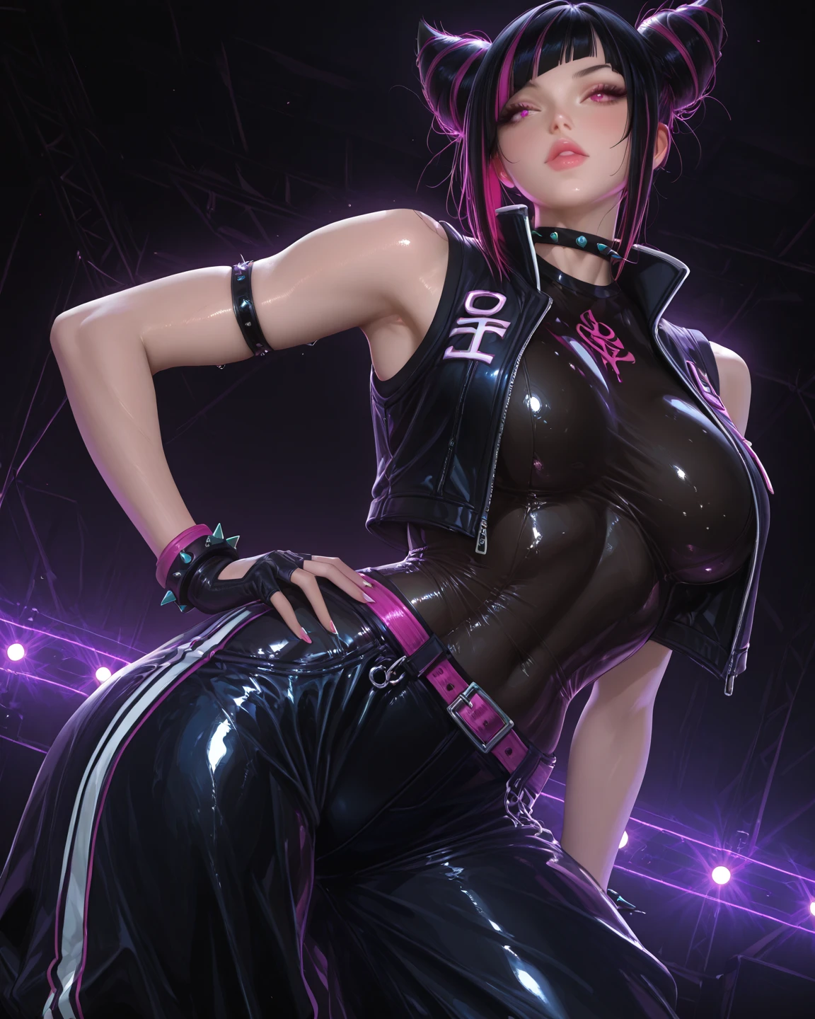 sexy girl, makeup, cleavage, purple and black tight clothing, Mohawk hairstyle, Dutch angle, low angle, active pose, orange and black, carbon and corrugated steel