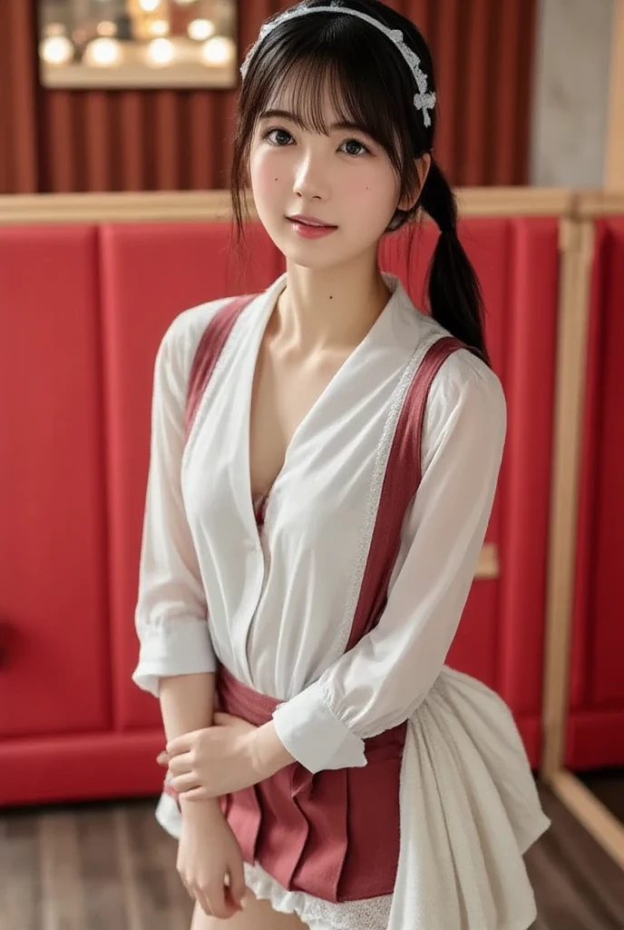 1girl, tenten in anime naruto, short hair, sexy dress, brown hair, yellow eyes, smile, beautiful, white and red clothes, very big breast, sexy clothes, realistic clothes, detail clothes, indoor wallpaper, wallpaper realistic, wallpapaer detail, indoor background, ultra detail, realistic