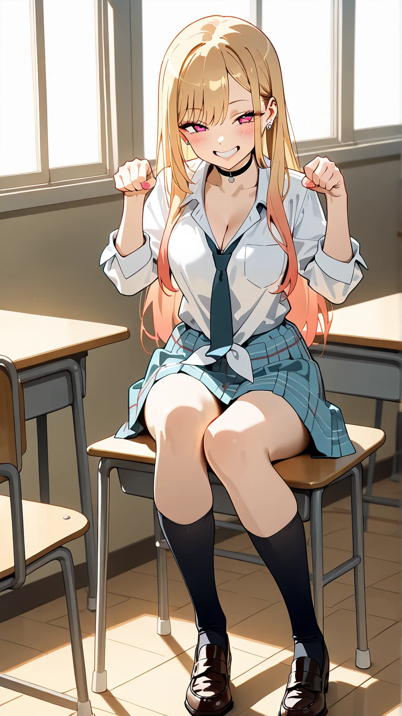 masterpiece,Ultra HD,score_4_onBREAK source_anime,可愛いanimeイラスト, masterpiece,high resolution,alone,mahirushiina,One girl,Blonde,Long Hair,,Show your underwear,Black Bra,black tights,School,classroom,nsfw,Sitting,Spread your legs,Being touched in the crotch,