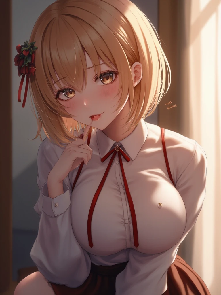 (最high quality, 8k, masterpiece, best image quality, ultra hd, delicate and smooth skin, real looking skin, perfect and beautiful face ,perfect and cute face, high detail skin, perfect limbs、thin waist、thin legs)、NSFW, masterpiece, 1 girl, traced light, nice, (((sex))), pussy, missionary,Break POVHipGrabCowgirl, hetero, vagina, a very distressed look、cover your mouth with your hand、 (penis), 1 boy, sex, 壊す perfect face, expressive eyes, red eyes, embarrassing, sensual, cute, in agony、Ahegao、short bob hair, red ribbon、blonde , break no_panties, despicable, high quality, 4k,advanced details, exposed skin, is dripping、((get your knees up:1.0))、Completely naked、small breasts、beautiful nipples、thin waist、clavicle、delicate shoulders、arm、((M-shaped spread legs))、((Very pained look))