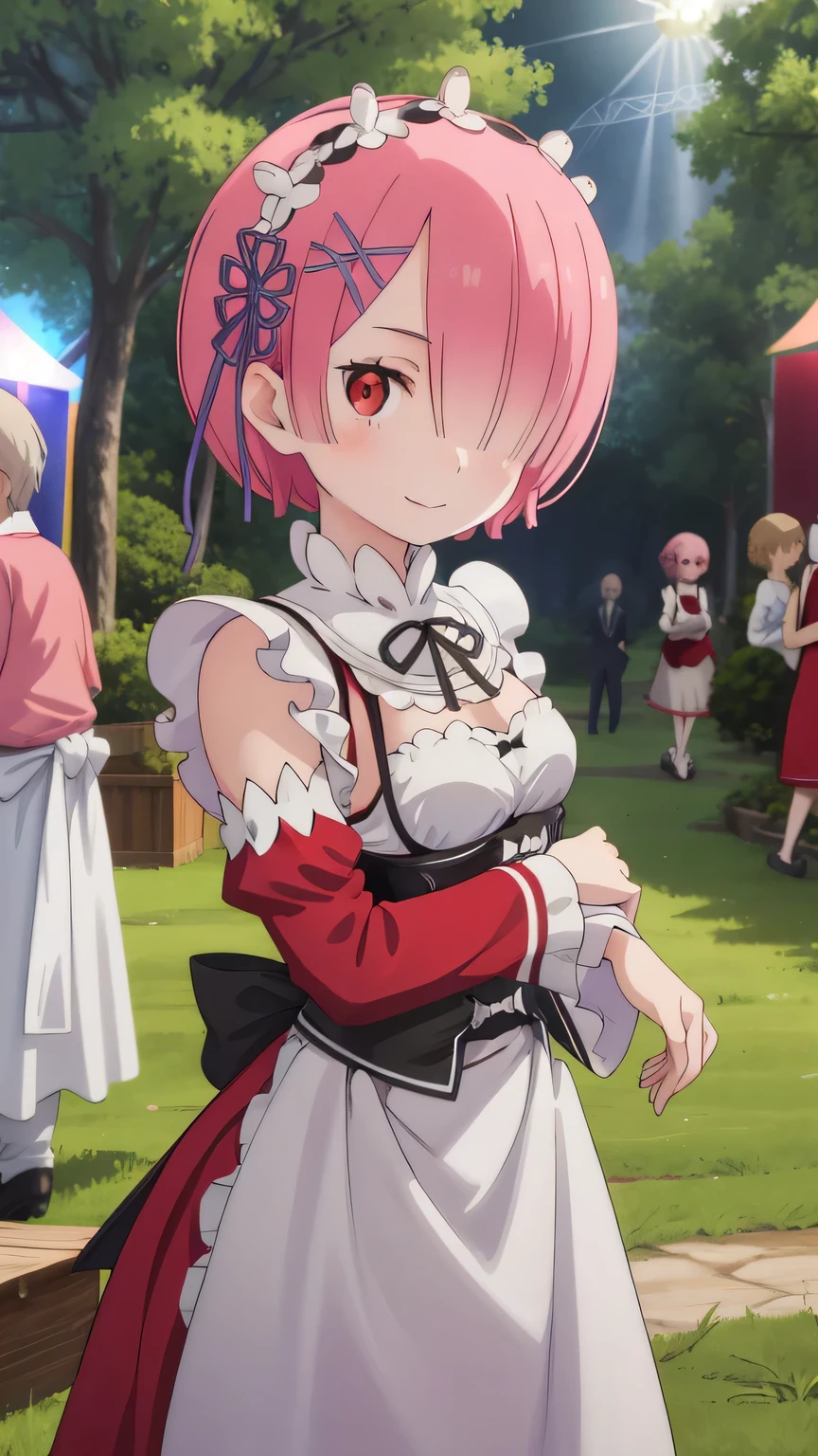 {{{masterpiece}}}, (best quality:1.5), (ultra-detailed:1.5), {illustration}, {{an extremely delicate and beautiful}}, (beautiful detailed eyes:1.6), absurdres, highres, extremely detailed face, 16k, hd, visual anime de uma jovem mulher, extremamente bonito rosto de anime, anime melhor garota, (perfect hands, perfect anatomy), (five fingers:1.1) anime face, ram(re:zero), 1girl, solo, cute face, pink hair, short hair, hair over one eye, (red eyes:1.4), hair ornament, x hair ornament, flushed cheeks, medium breasts, big hips, curvaceous, BREAK, dirndl, traditional bavarian dress, wearing a dirnd, hair ribbon, red ribbon, white shirt, collared shirt, wing collar, (red sleeve:1.5), long sleeve, (red corset:1.5), (red dress:1.5), long dress, frilled dress, (waist apron:1.5), white apron, BREAK, smiling, looking at viewer, flushed cheeks, (bust shot:1.5), outdoor, (festival:1.8), mountain, daytime, forest, beautiful picture garden, with many different kinds of colorful flowers, beautiful fountain, (curtsy:1.3)