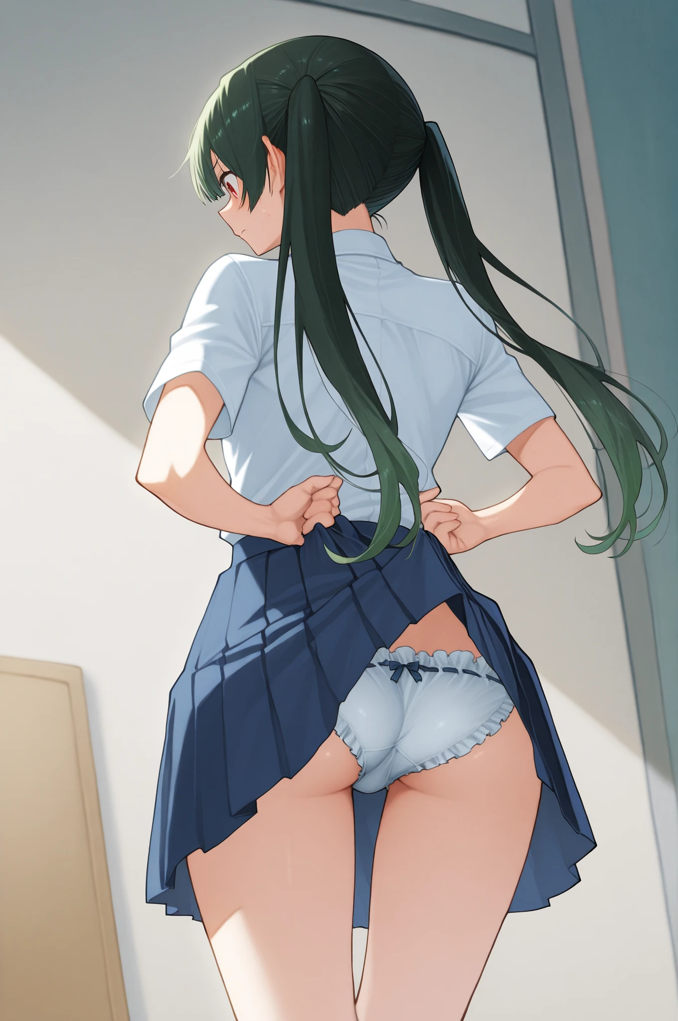naomidorikawa, Nao Midorikawa, short hair, (Green Eyes:1.3), ponytail, Green Hair, ribbon, hair ribbon, smile,
break skirt, , tie, Rolled up my sleeves, Sweater vest, green tie, nanairogaoka middle ,Thighs、(((Panty shot、Skirt lifted、Cute white panties)))、(((Backwards、look back)))、
break indoors,classroom,
break looking at viewer, Dynamic pose,
break (masterpiece:1.2), Highest quality, High resolution, unity 8k wallpaper, (figure:0.8), (Beautiful attention to detail:1.6), Highly detailed face, Perfect lighting, Highly detailed CG, (Perfect hands, Perfect Anatomy),