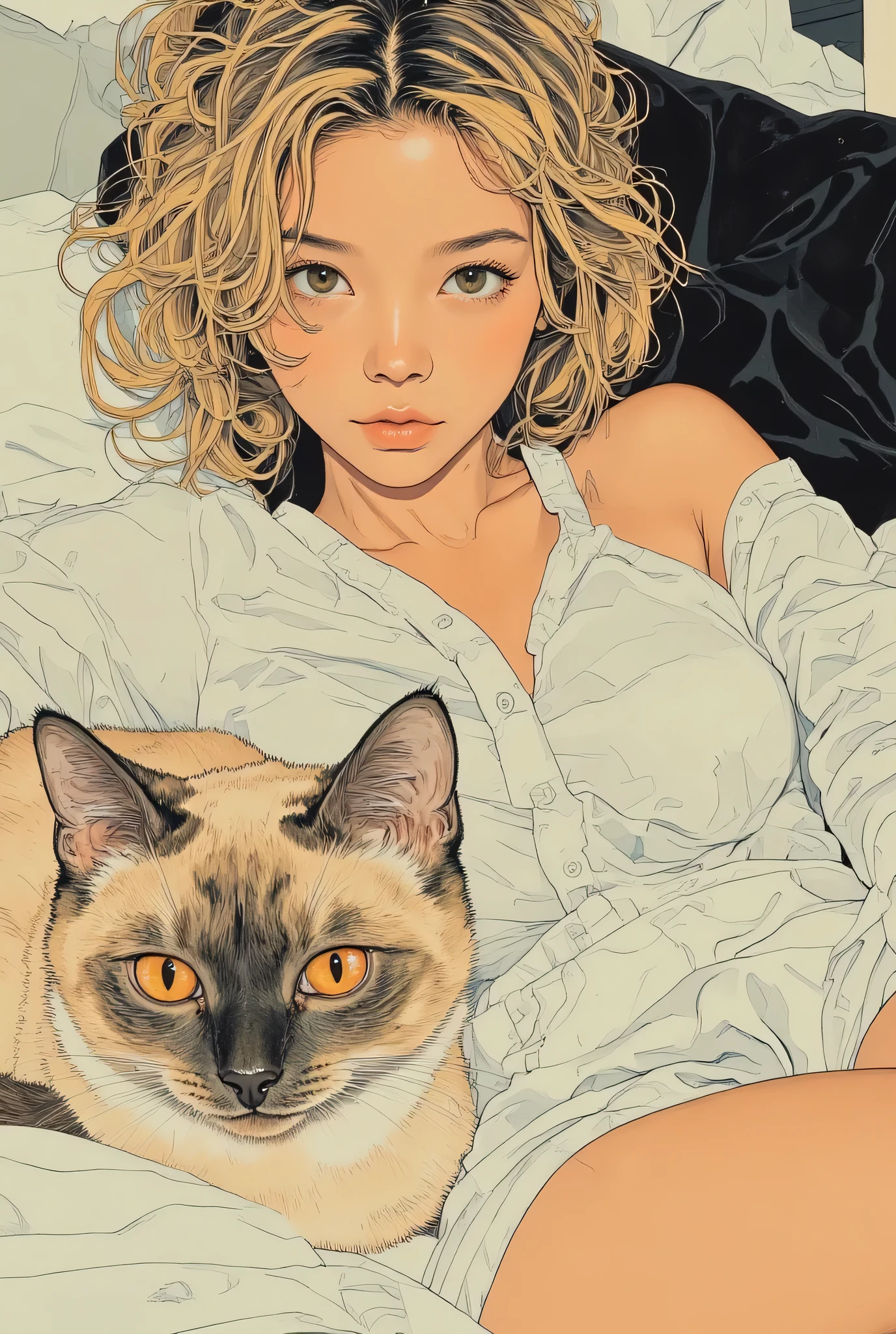 Realistic, a photogenic illustration of a beautiful woman, photogenic illustration of a beautiful woman. she comfortably surrounds your body , The curly blond hair is messy. she's a slender, small, Firm Breasts. she's colorful, wearing a loose tunic mini dress、sitting in a comfortable bed with a modern vibe. Her eyes、staring at the viewer with hunger and desire. a noble Siamese cat sitting next to it、The illustration is、drawn with a film-like granularity and delicate structure.