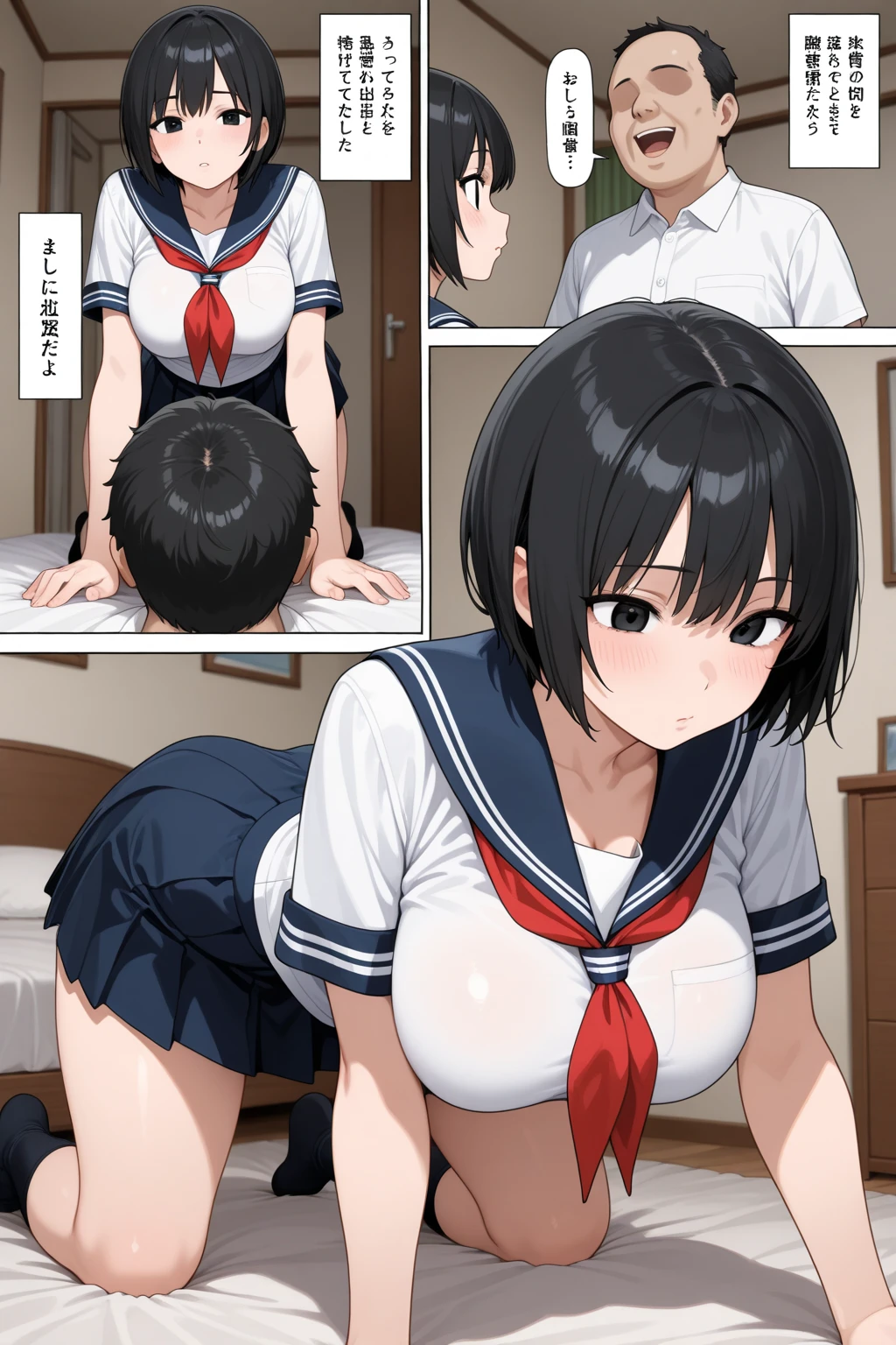 {highest quality}. {so beautiful}. {Super detailed}, {Best illustrations}, Browsing Caution、((Half-open eyes)),semenオーバーフロー、Blowjob、Big penis、blush,anger、serafuku, Pleated skirt, Sailor collar, White shirt、Big penis、Confused Eyes、anger、angerった顔、Glare、Baby Face、semen、shame、White skin、Focus on the face、Black Hair、blue eyes、Bob Hair、short hair、forehead、Public toilet