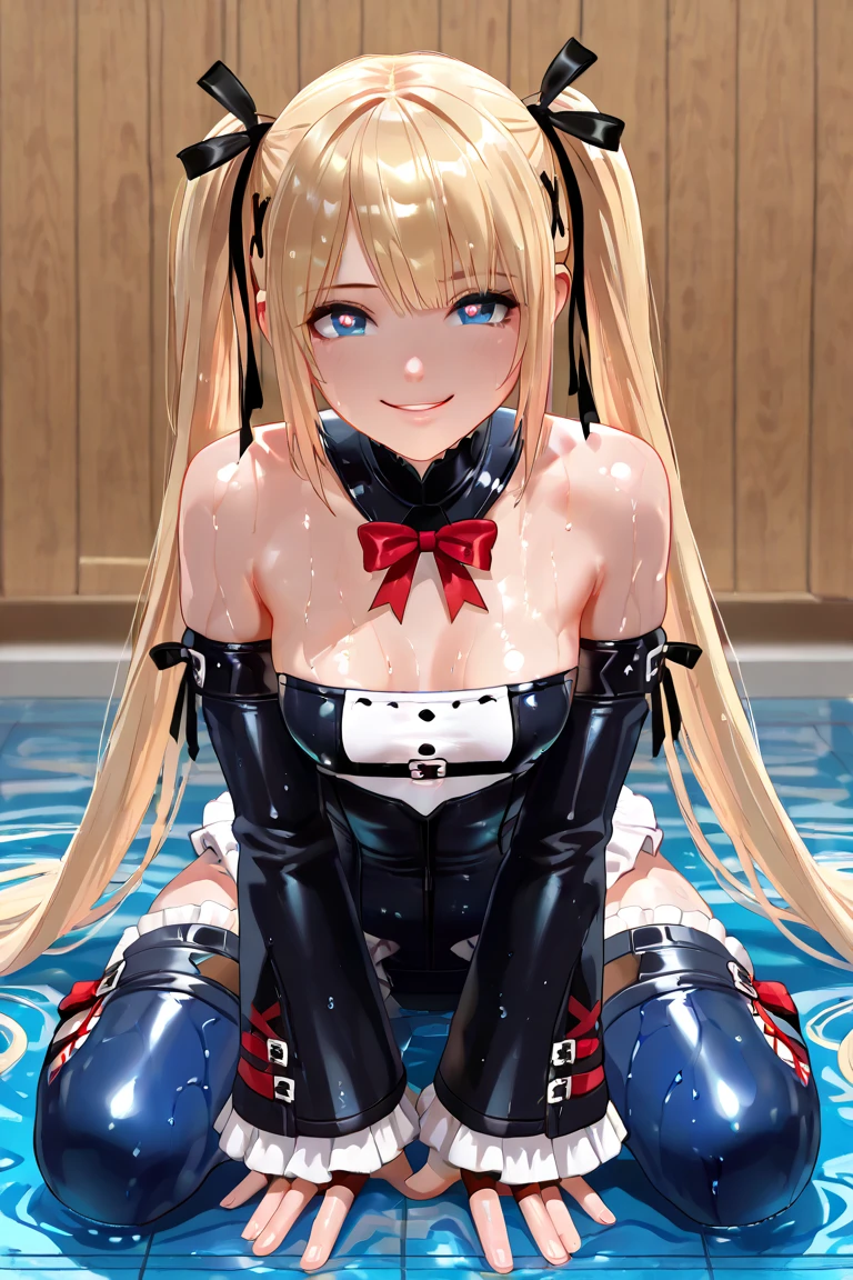 German Navy Cap, camel toe:1.4、erect nipples、(Sweat)、(vapour)､(((long gloves:1.3)))、brown loafers、black calf length socks、Open your thighs wide to the left and right､Squat on the ground、show off your crotch to the viewer, ((latex competitive swimwear:1.3、High leg、squat, spread your legs:1.3, arm behind head ))、12 years old、absurdes、blonde straight long ponytail hair、flat lighting、elevation angle、sexy pose、highest quality、Complex、surreal、perspective, very detailed, detailed background, shape、1 girl、alone、Blue eyes、slanted big breasts、light smile, embarrassing, blush, ((outdoor poolside)), 
