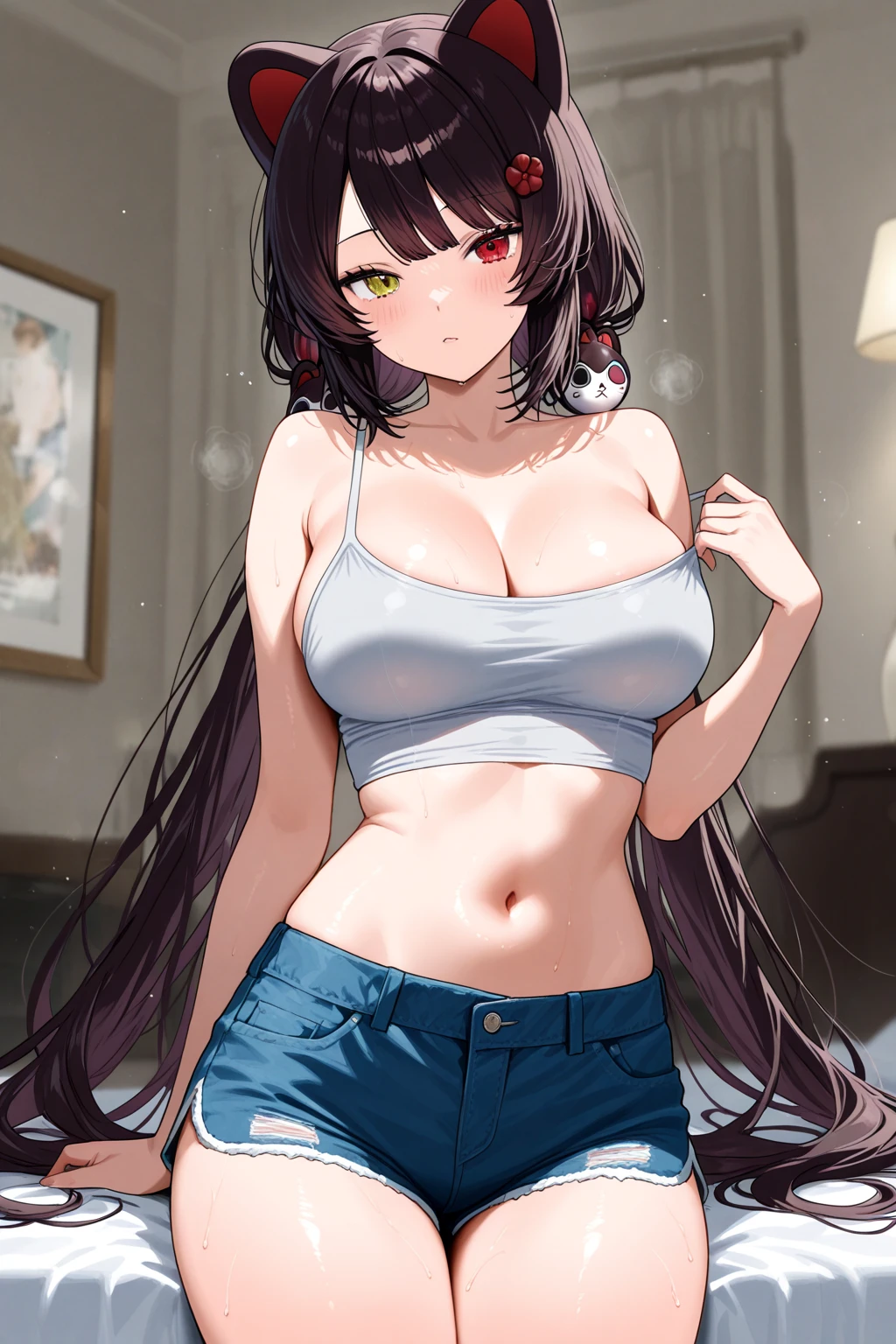 (Ultra Masterpiece, Best quality, 8k), Detailed Face + eyes, (Absurdres), (Skindentation), (Best shadow), (Anime), /(Tsundere face)/, /(Tsundere looks)/, (Perfect face)+, (seductive beauty)+, (Gyaru), Huge breasts, Very curvy, (dark hair), Long hair, Bracelets, Beautiful hairstyle, (amber eyes), Full lips, ( face filled with happiness, angry expression, grin), (cute face), cute, ((beautiful character design)), At home, ( Intricate Clothes, intricate clothes ), BREAK, Professional photo, (Toned legs, Thick thighs), Big breasts, Ray tracing, (Perfect face)+, Octane render, good looking tank-top, ((white) loose tank-top: 1.3), tank top, good-looking shorts, ((pink) shorts: 1.2), shorts, open clothes, (cleavage), Huge breasts, (Shiny skin), (healthy body), 1 Female, (bold and assertive pose), (Very sexy+, Gorgeous woman++, young beautiful woman+), ( Facing the viewer ), ((Tsundere))+