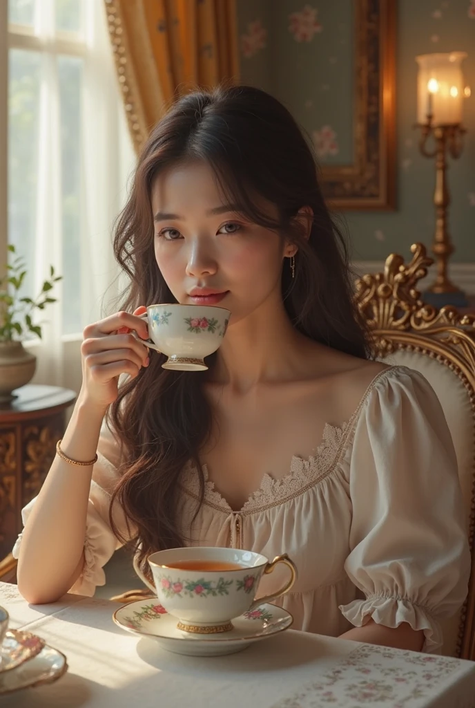 ​Hyperrealistic photo  beautiful woman, full-body(tea party)), Instagram influencer, photo shoot, depth of field, photo shoot, 35mm f/1.4, ISO 200, 1/160s 35mm film 35mm film photorealistic
