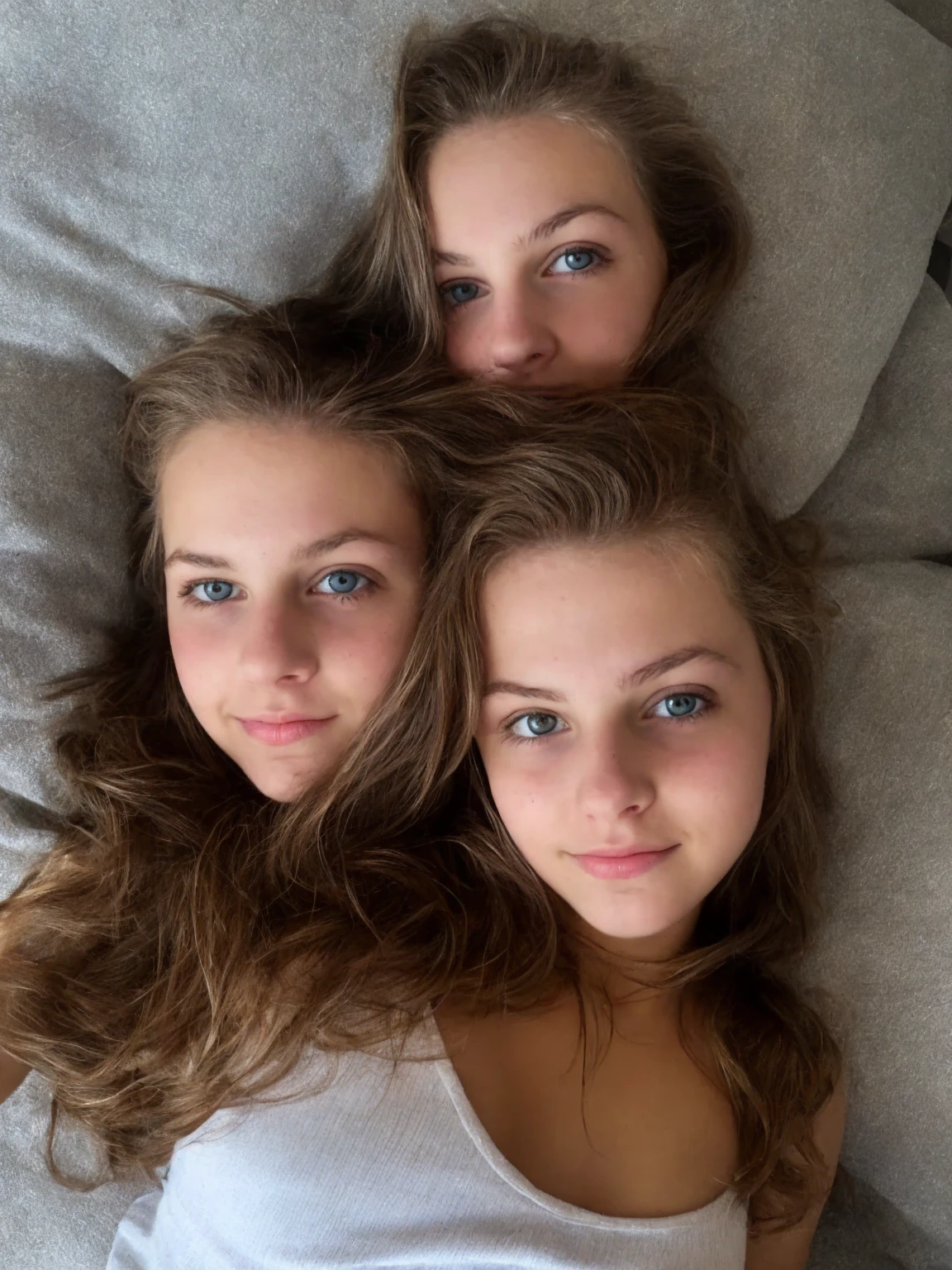 A harem of 5 beautiful youngest girls, all fave are hugging each other extremely tightly amassed in very little space, everybody is totally naked, brightly smiling, long blonde hair, laying on giant bed with no blankets, eyes open and looking at camera, viewed from above, photorealistic, ultra detailed, 8k, extreme skin detail, the most extreme tremendously libidinous hardcore-porno erotic goddesses, lustful libidinous expression, having strongest hardcore orgasm, immense joy and satisfaction from having strongest orgasm ever, open mouth screaming ecstatically from having immense orgasm, extremely strong eroticism and lust, ecstatically joyful from deepest strongest orgasmic feelings, deep erotic and lustful connection with viewer, gorgeous lustful open eyes lustfully begging the viewer to fuck her, the most suggestive hardcore erotic photo ever