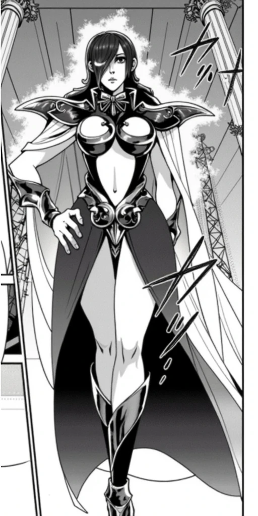 Pirotess female dark elf (black tanned skin), (yellow eyes), white hair, silver hair, very long hair, straight hair, solo, adult woman, tall, slightly muscular, large breasted, cleavage, constricted waist, toned body, slight abs, thin dark skin, pointy ears, lipstick, makeup, black eyeshadow, loincloth standing, hands on hips, circlet, white short dress, jewelry, bracelet, shackles, leather collar choker, white gloves, thigh boots,  big belt, view from below, feet together, bracers, tiara, slave crest under navel, navel