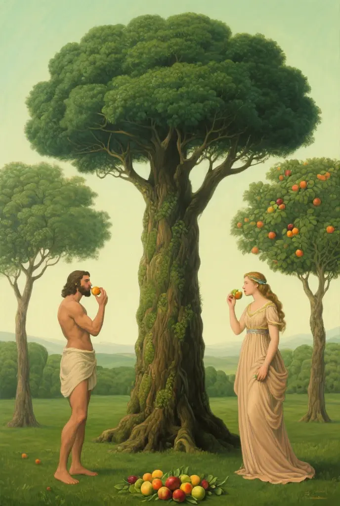 A representation of Adam and Eve created in the image of God, vestido, eating the apple.