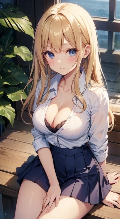 ((Highest quality)), ((High resolution)), ((masterpiece)), (detailed), (photograph),
View your audience, Cowboy Shot, Written boundary depth, Anatomically correct, 1Directly mature women, Perfect Face, Cute and symmetrical face, Shiny skin,
(Long Hair, Blonde), Hair between the eyes, Purple eyes, Long eyelashes, (Big Breasts:1.2),
Beautiful details, Beautiful Hair, Beautiful Face, Beautiful clavicle, Beautiful body, Beautiful breasts, Beautiful thighs, Beautiful feet, Cleavage,
(Tie in cleavage, White collared shirt, Dark blue plaid pleated skirt), (Open shirt:1.3),
(Beautiful views), evening, School, (Cute Smile),