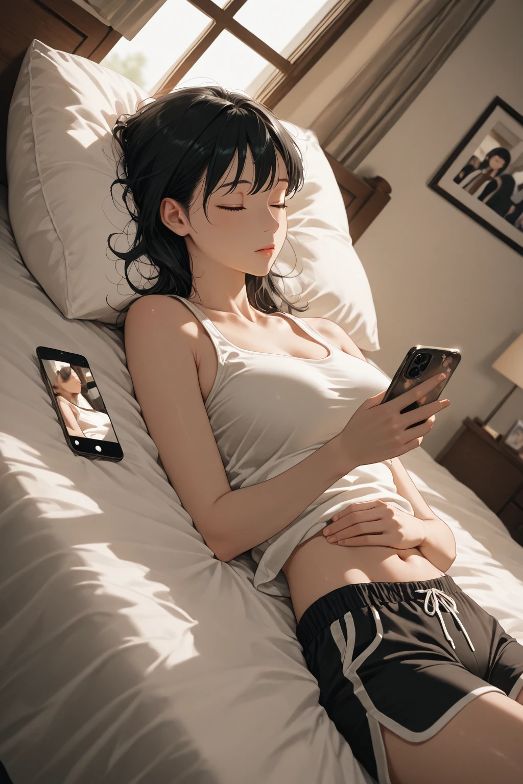 (perfect anatomy:1.2)(absurdres, highres, ultra detailed),masterpiece,best quality,high resolution,8k,Realistic face,Realistic skin texture,magnified textures, stunning clarity,detailed anime girl,(ultra detailed eyes and face),(1 girl:1.5)21years old,she is office worker,,black hair, bob cut, No-makeup look,,Black camisole,cleavage cutout,Lying on her bed on her back,look down smartphone,ssleepy eyes,small nose,roundface,Women's Apartments in suburb,faint light,indirect lighting,midnight,,(sleepy:1.5),cowboy shot,Foliage plant
