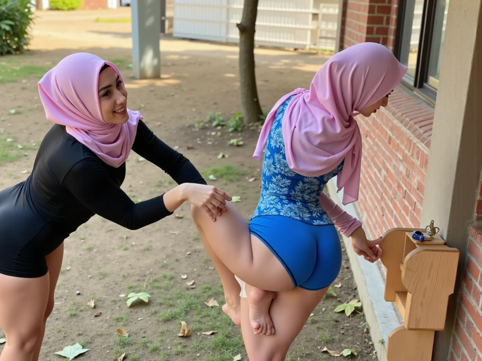 Group of chinese woman, white skin, playing volleyball match, age 30 years old, weight 57 kg, height 167cm, eye color brown, long hijab, waist 60cm, bust 86cm, large breast, ((breast 85cm)) instagram LUT, photorealistic, baby face, round cheek, slightly chubby, green long sleeve sweater, green hijab. Sweater pulled down, Full hijab on hair, head looking at volleyball, angry eye, at volleyball court, playing volleyball, full body image, slightly hairy pussy