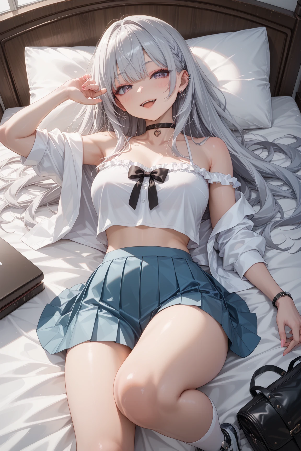 Elf, Silver Hair, At the hotel, Lying on a bed and crucified, school uniform, White shirt, skirt, Open your mouth, Raise your hands above your head, Crying face, Small breasts, Spread your legs, I wear clothes