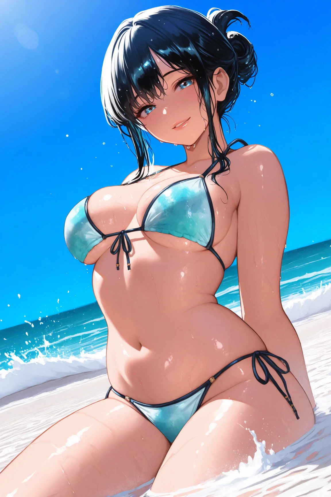 score_9,score_8_superior,score_7_superior,8k, High resolution, 5 years old、beautiful girl, bright black hair, Thin Hair, Small face, cute、Highest quality,Japanese face、small mole on the corner of the eye,((Puffy eyes))、(superior目づかい)、Short Bob、Riverbank、口角superiorがる、Beautiful legs、Flower Hair Ornaments、sexy、Sensual、Blushing、Palm tree、Ocean、frilly bikini、orgasm、Angle from crotch、sun、Wet、