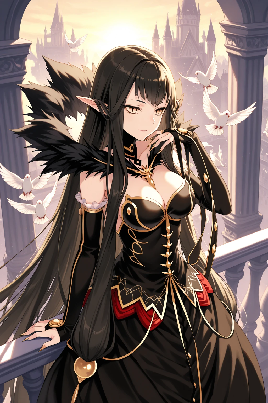 semiramis \(fate\), black dress, black fur trim, bridal gauntlets, evil smile, elegant, ((masterpiece)), <lora:char-semiramis-fate:0.7>