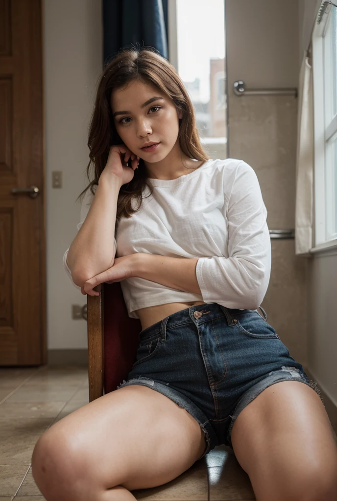 uma mulher linda, 21 anos, corpo voluptuoso, usando blusa e saia, foto de perfil, with the hand resting on the base of the face, Hand resting on chin, piscando o olho