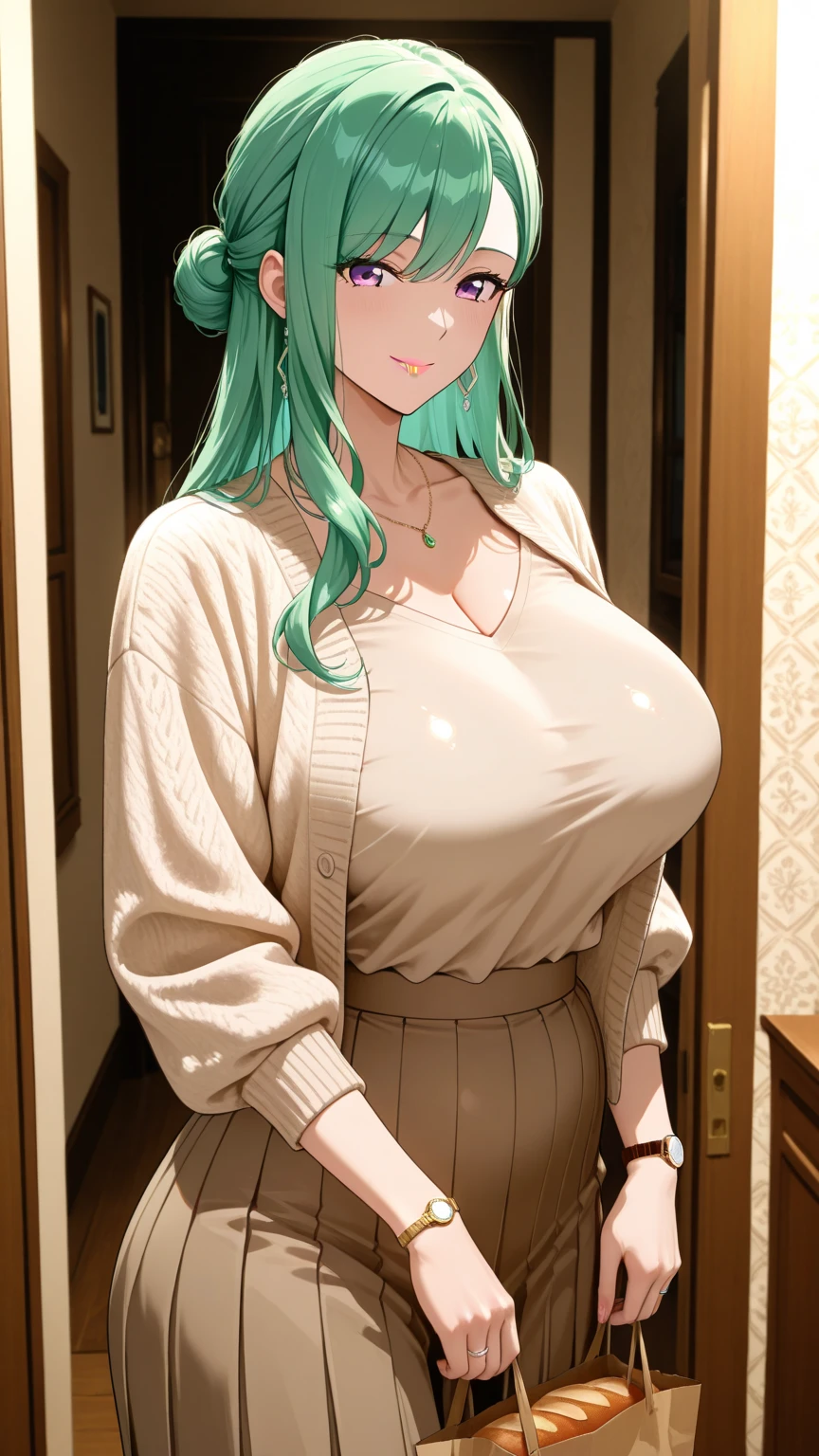 1 girl, 19 years old, Long pink hair, green eyes with slit pupils, master-piece, best quality, (standing up), (pink hakama trousers), (white long-sleeve kimono top, pink hakama trousers, cleavage),  (Big , ultra gigantic , Super super big, Glamorous body), Make eye contact with the camera, front figure, looking forward, (light_Smile:1.5), (Detailed hands and fingers:1.2) (feudal Japan), (FULL BODYSHOT), thighs thighs thighs thighs