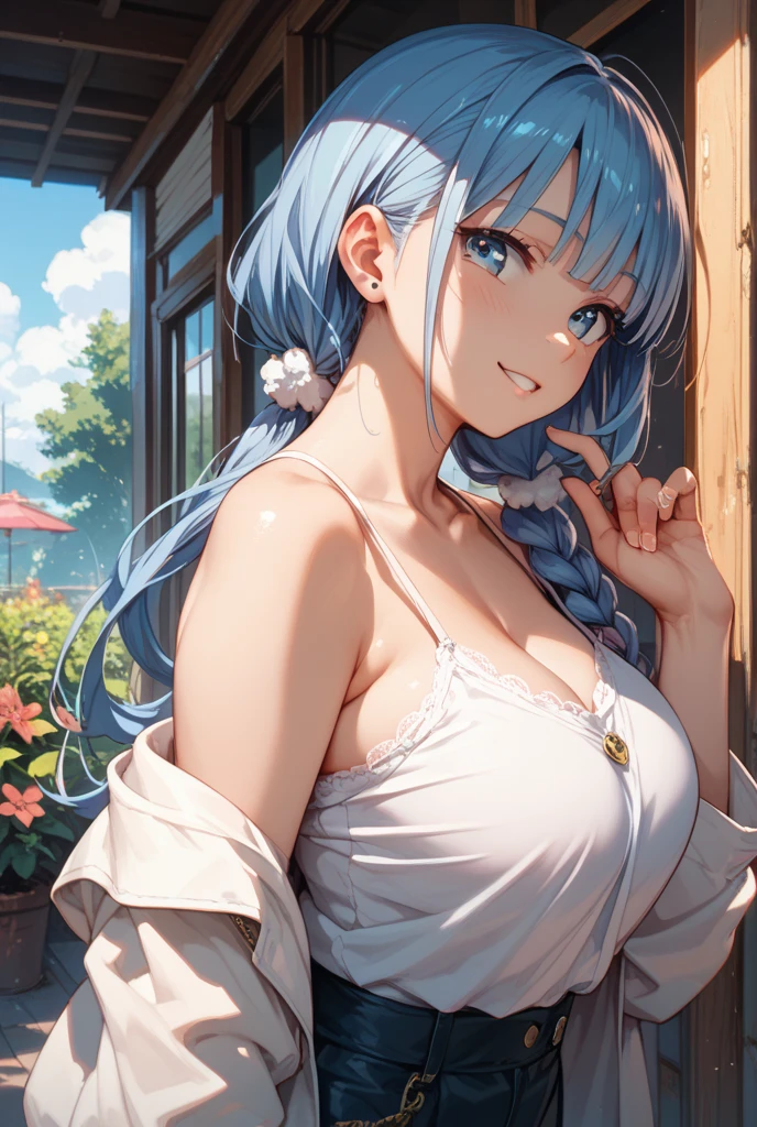 hair ornament, very long hair, japanese clothes, professional artwork, Intricate Details, field of view, sharp focus, detailed painting, photorealistic lighting, trending on pixiv, Standing at attention, ((school girl, summer school outfit)), ((large breasts:1,3)), Beautiful body,Beautiful Nose,Beautiful character design, perfect eyes, perfect face, looking at viewer, SFW,official art,extremely detailed CG unity 8k wallpaper, perfect lighting,Colorful, Bright_Front_face_Lighting, (masterpiece:1.0),(best_quality:1.0), ultra high res,4K,ultra-detailed, photography, 8K, HDR, highres, absurdres:1.2, Kodak portra 400, film grain, blurry background, bokeh:1.2, lens flare, (vibrant_color:1.2), shikkoku_yorihime, (happy smile, cheers), ((looking at viewer, front body pose, front view))