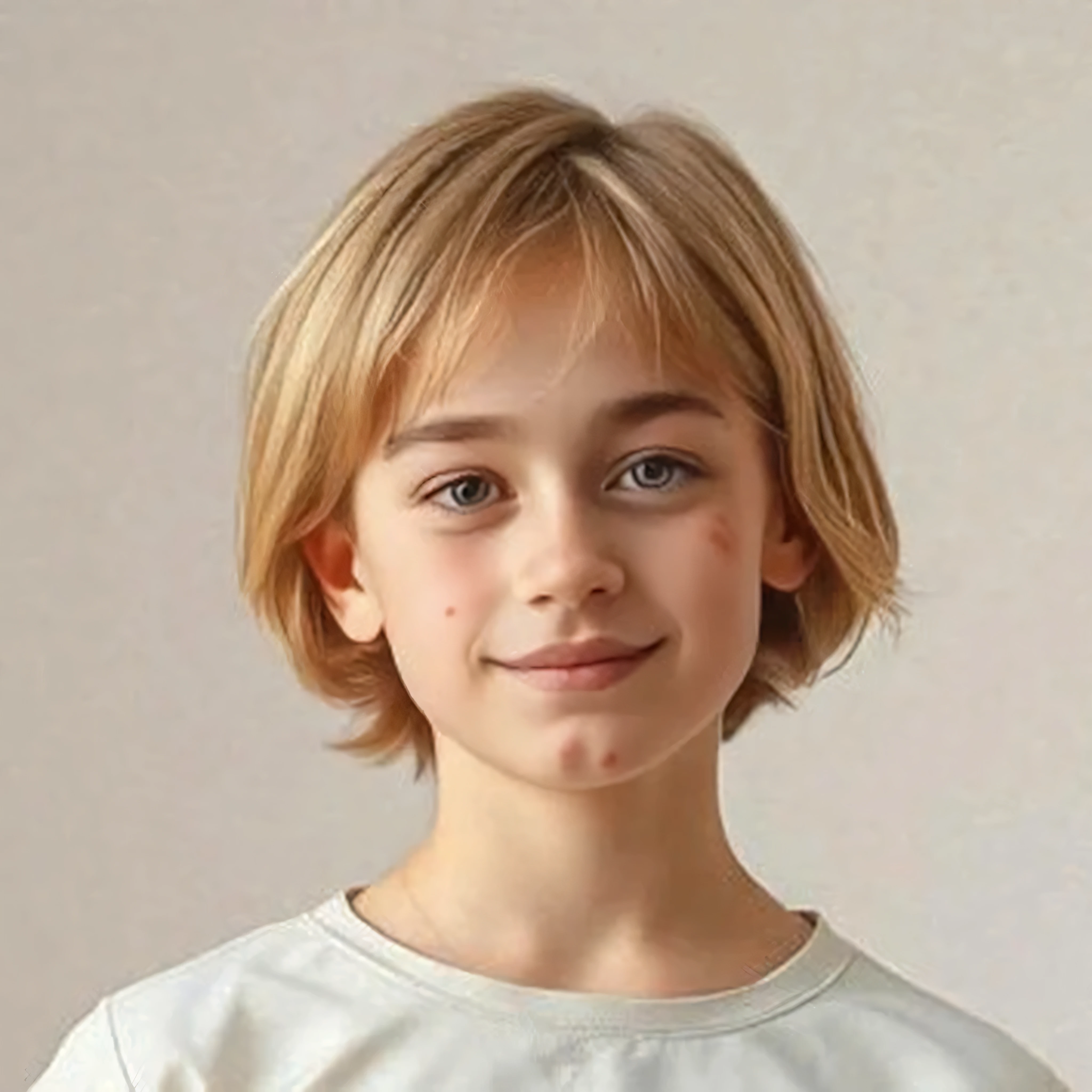Ten year old ??? with bright blonde hair and green eyes in white robes 
