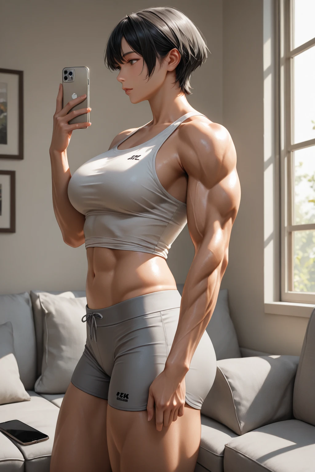 ((((((Anne Hathaway shoulder portrait))))), ((((female bodybuilder)))), cute girl, 20 years old western girl laugh, (smile), (short hair, red string bikini), ((very muscular body)), simple background, shoulder portrait, real girl, Extremely developed muscles, ((color Image)), masterpiece, best quality, high resolution
