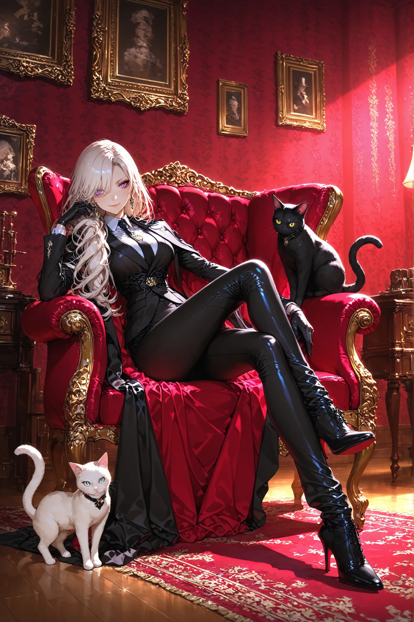 masterpiece, perfect quality, super definition, Female mafia boss, intellectual smile, Sharp Eyes, Stylish Pantsuit, High Heels, white long-haired cat, Velvet Armchair, antique study, classical decoration, indirect lighting, Burgundy Wallpaper