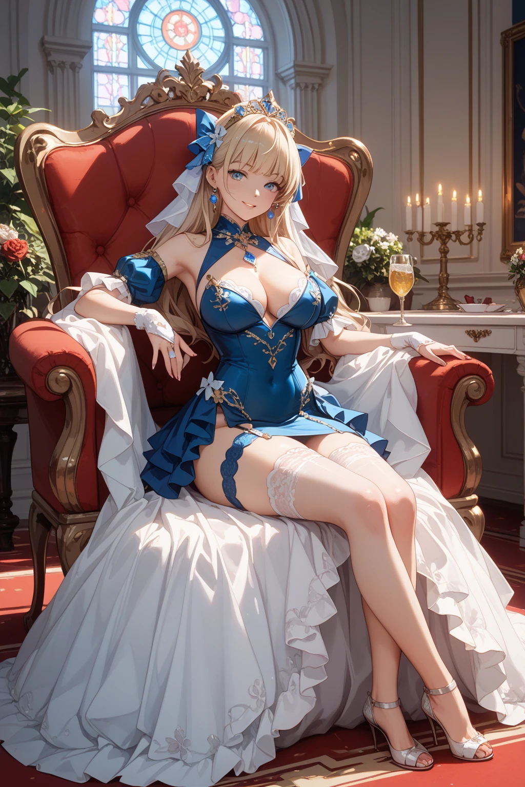 A beautifully detailed portrait of a girl in provocative lingerie. Toned slender body, small ass, thin thighs, blonde hair, blue eyes and A-cup breasts. The elaborately crafted lingerie fits her snugly, clearly showing her curves, nipples and crotch, covering her shoulders and gloves, she smiles coyly straight at the viewer. A very detailed and high quality Kyoani style Violet Evergarden masterpiece. Her whole body is clearly visible, clad only in lingerie and gloves.