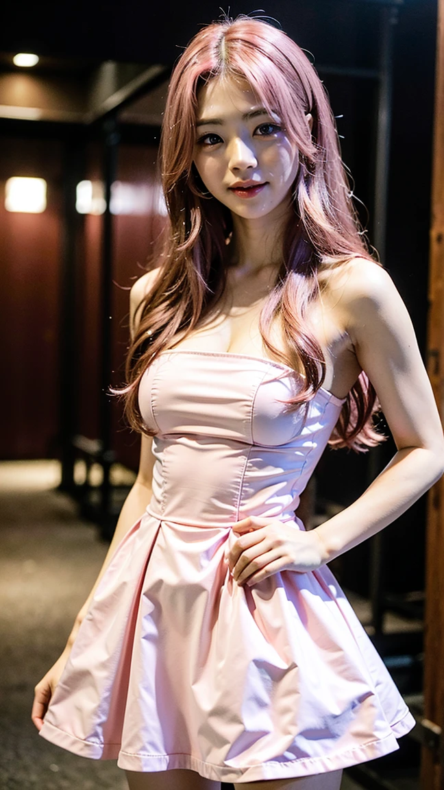 Black and Pink hair, hair bang, tied hair, hair pin, wide chest, necklace, off shoulder simple dress, sateen dress, long legs, in stage, best quality, masterpiece, goddess