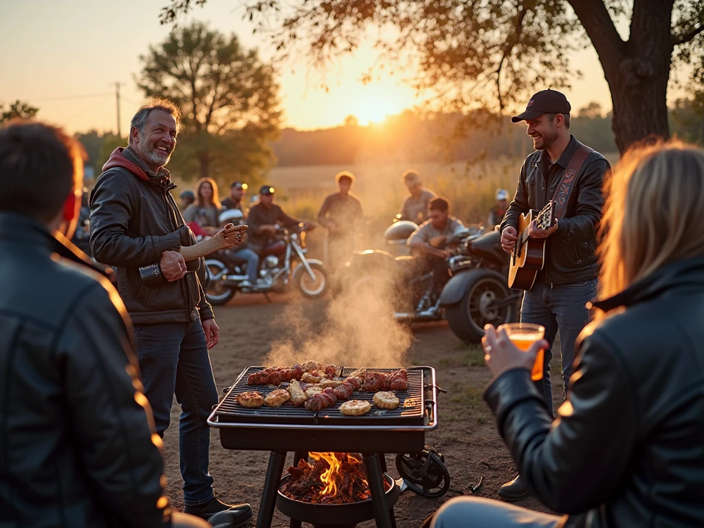 Imagine a sunny afternoon in a large garden. Gathered around a barbecue grill are some of the greatest icons of rock and metal.
Ozzy Osbourne is standing next to the grill, holding tongs and flipping some burgers. He’s wearing his signature sunglasses and a black T-shirt with the Black Sabbath logo.
James Hetfield from Metallica is laughing and chatting with Dave Grohl from Foo Fighters. James is holding a beer, and Dave has an acoustic guitar, strumming a few notes.
Slash from Guns N’ Roses is sitting in a beach chair, wearing his top hat and sunglasses, playing a solo on his guitar.
Bruce Dickinson from Iron Maiden is serving some skewers to Rob Halford from Judas Priest, who is dressed in his studded leather jacket.
Lemmy Kilmister from Motörhead is in the background, near a table full of food and drinks, talking with Kurt Cobain from Nirvana, who is wearing a flannel shirt and ripped jeans.
The atmosphere is relaxed and full of laughter, with music playing in the background and the delicious smell of barbecue in the air.