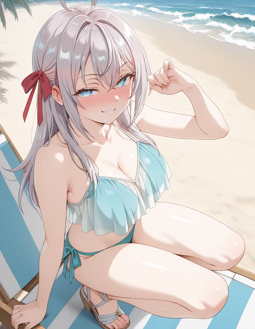 masterpiece, best quality, 1girl, futanari, botan, silver hair, long hair, lion ears, grey eyes, smile, medium breasts, nipples, navel, penis, 8testicles, erection, complete nudity, sitting, spread legs, hands behind back, pubic tattoo, shoulder tattoo, outdoors, beach, ocean 