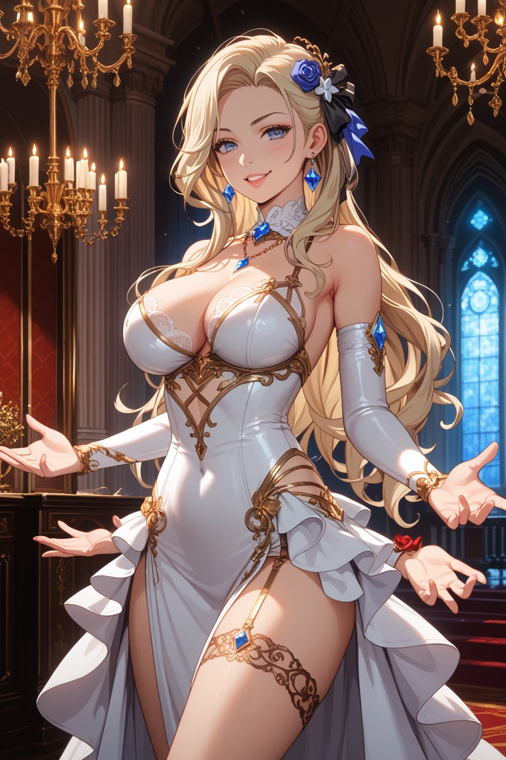 Highest quality、masterpiece、8K、Realistic、超High resolution、Very delicate and beautiful、High resolution、Cinema Lighting、medium range shooting、Portraiture、Perfect female body、Beautiful woman、Mature Woman、Opposition、(Big Breasts:1.4)、Looking at the audience、(Princess of Another World、Gorgeous Dress、Shining Jewels、Long white hair、blue eyes、Elegant behavior、Palace Gardens、A delicate tiara、Silk gloves、Embroidered gown、royal coat of arms、Gold Jewelry)、Audience Room、Elegant smile、traditional ceremony、Palace balcony、Historic Royal Family、Otherworldly background、Symbols of the Kingdom。