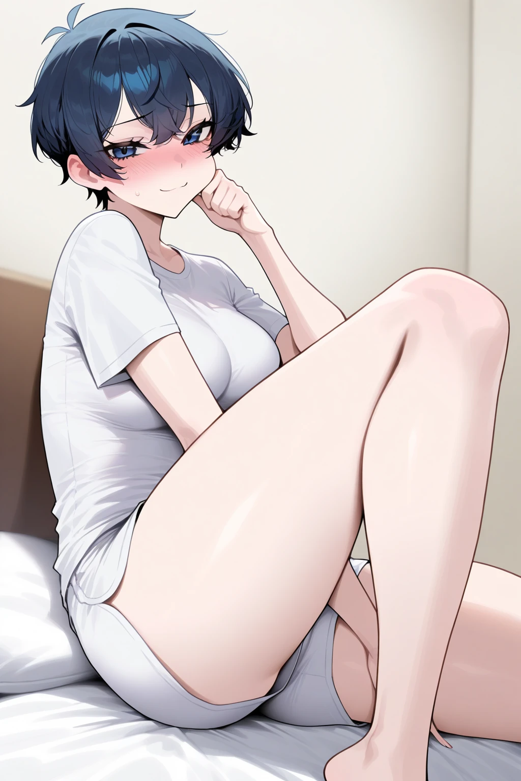 Beautiful white-haired woman with red eyes, pale skin, futanari hermaphrodite, totally naked with her erect ????? masturbating and small breasts, uncensored, short hair and with gloomy colors while sucking her own ????? with her tongue while masturbating her ass
