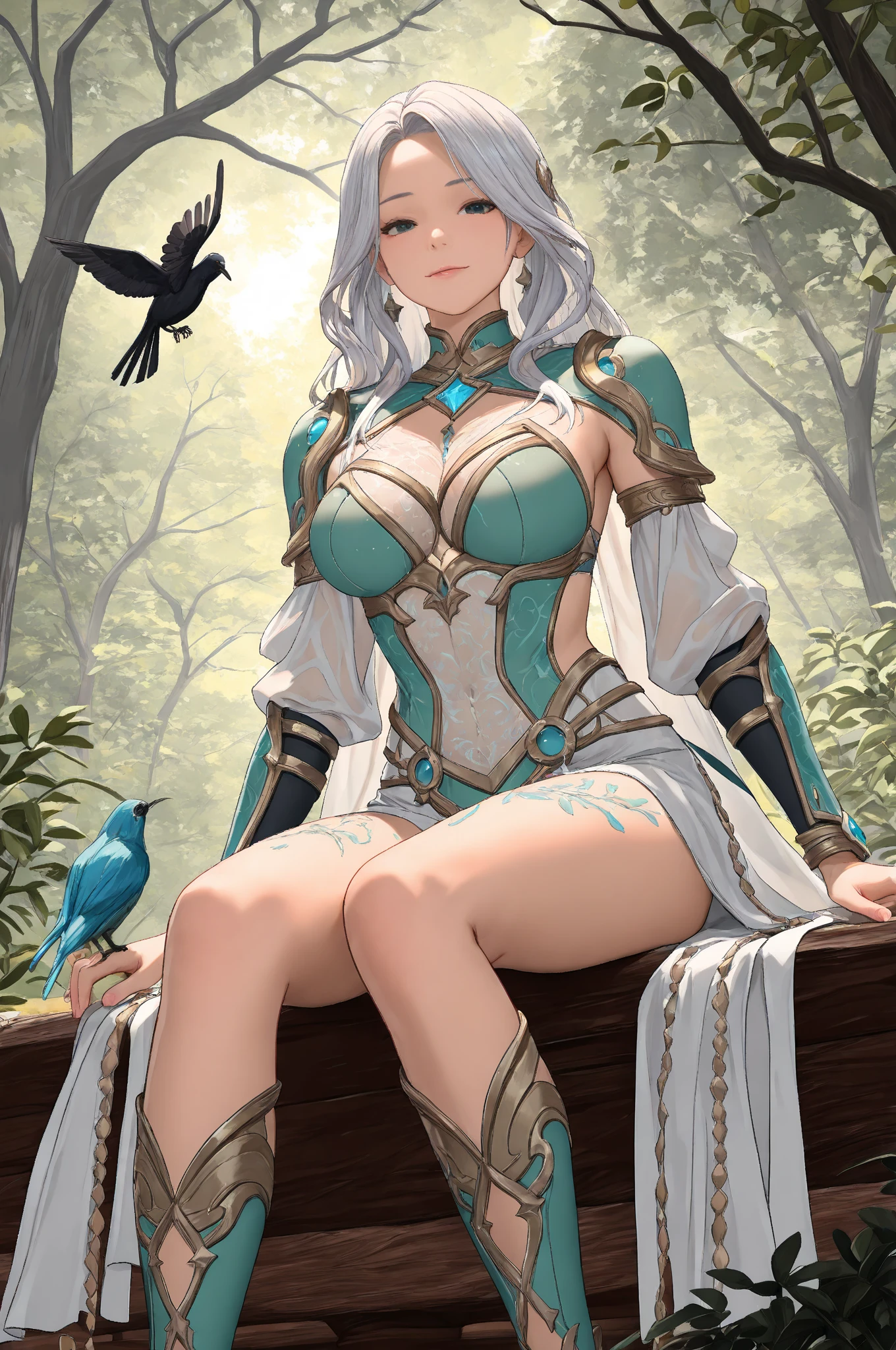 ((best quality)), ((highly detailed)), masterpiece, absurdres, (detailed eyes, deep eyes), <lora:more_details:.4>, (1girl), sexy position, <lora:hyrulewarriors_cia:1>, hwcia, purple eyes, dark skin, dark-skinned female, asymmetrical clothes, center opening, jewelry, cleavage, (outdoors, in a dense forest, forest canopy, sunset)