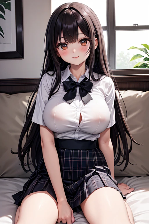 Very cute and beautiful girl lying in a hotel bedroom,Lying down,(Very detailedな美しい顔),(White blouse),Large Breasts, smile,Happy,,(Plaid brown mini skirt:1.2), hair ornaments,Black Hair,(Black shoulder bag),White panties,Taking off panties, (highest quality,masterpiece:1.2),Absurd,High resolution,Super detailed,Very detailed,32k,8K resolution, Intricate details,Movie Scenes,Detailed Background,alone,Dynamic Angle,nsfw,skirt lift,show off panty,open clothes,undressing,(show off nipples),spread legs,bra lift