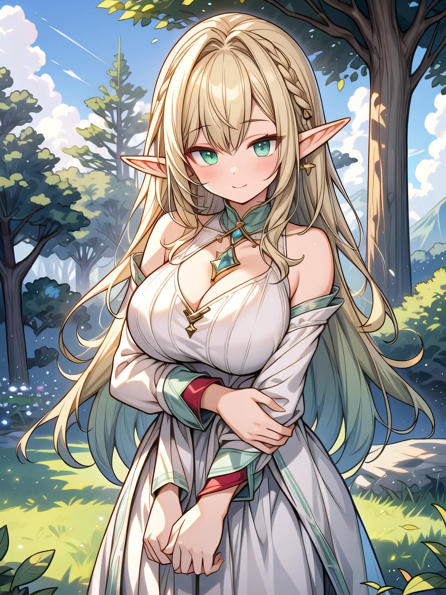 extremely high quality, CG, ( detail eyes,and face), (bright color),(Mature Woman:1.2), impact, (rich:1.4), goddess, time stop, fantasy, (Elf),(big sagging breasts:1.4), Pointed Ears, beautiful gemstone, cloud, long gray blond hair,, ( It's :1.2), Dappled Sunshine, (spring), nature, White Dress, , ( morning glow),( mint green eyes),, Picturesque Scenery , tree々, staring at viewers, (forest),,cowboy shot,