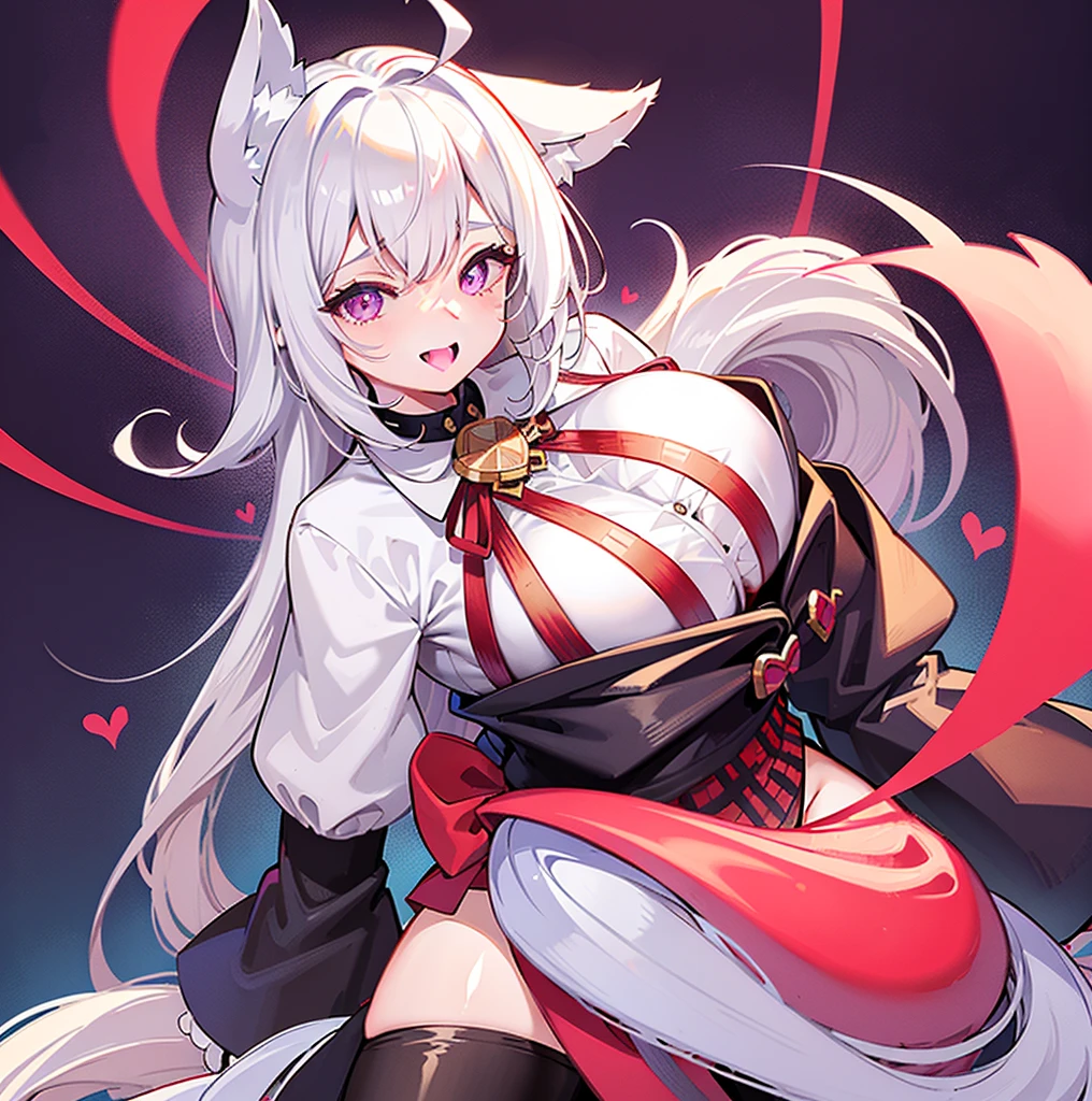Silver hair, long hair, red eyes, cute face,sexy , G_CUP(HUGE_BREASTS) , White fox ears, nine white fox tails, There is a white fox mask on the top right of the head,white jacket 
