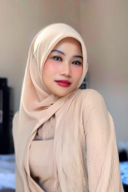 photography, young woman with smile face, long pastel white hijab with satin baju kurung, , sitting on the bench by the beach while seductively looking at me, tilted her head, perfect fingers, perfect hands, perfect body, perfect beautiful face, white teeth, close up,  with viewer, haired hands, background digital art graffiti on black wall, ultra details any aspect of drawing, UHD 8K